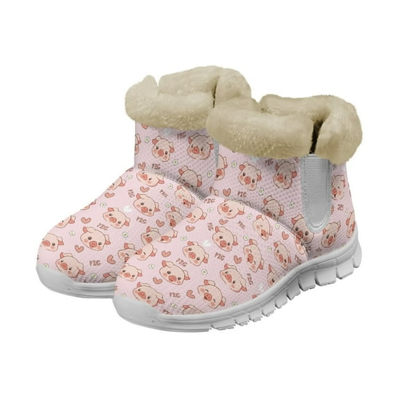 FUIALDOLG Snow Boots for Women Waterproof Warm Flannel Lined Pig Print Boots Ladies Slip on Fashion Bootie Ankle Snow Boots with Cozy Faux Fur Lining,Pink