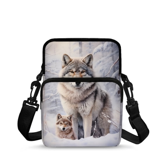 FUIALDOLG Snowy Winter Wolves Crossbody Bags, Stretch Polyester Portable Leakproof Messenger Bag for Outdoor Travel