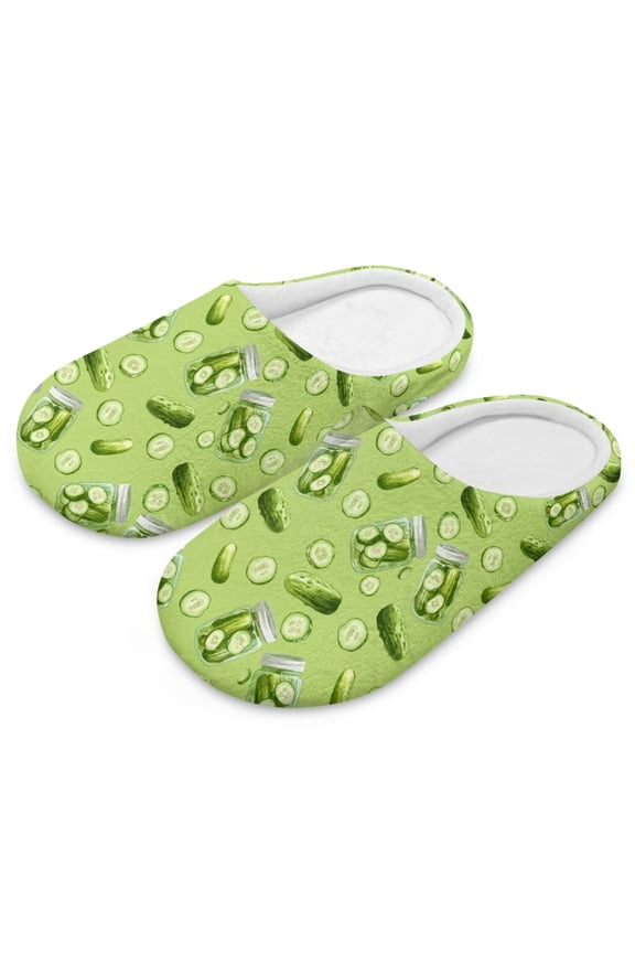 Soft Indoor Closed Toe Cotton Slippers Non-slip Sole Lightweight Green Pickles Print House Slippers Home Shoes, Size 9-10