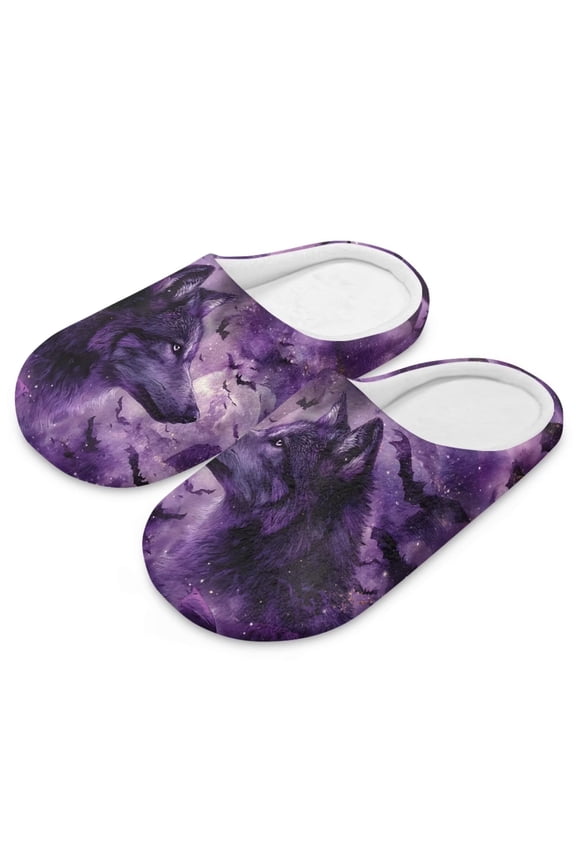 Soft Indoor Closed Toe Cotton Slippers Non-slip Sole Lightweight Purple Wolf Bat Print House Slippers Home Shoes, Size 6-7