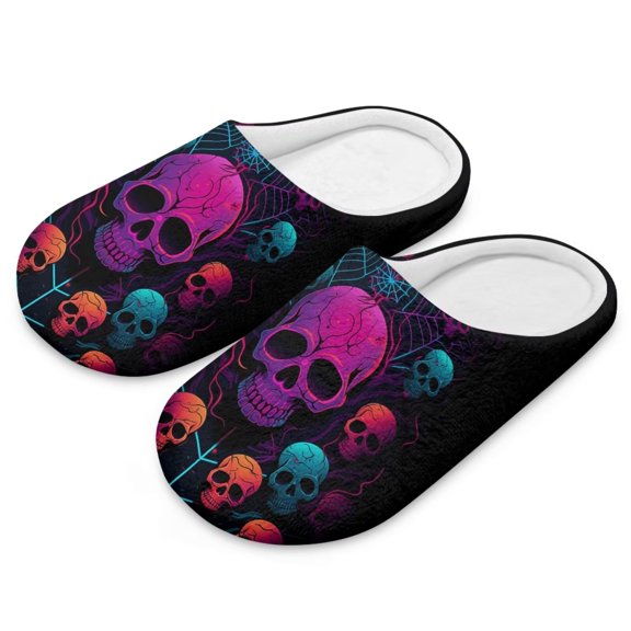 FUIALDOLG Soft Indoor Closed Toe Slippers Non-slip Sole Lightweight House Slippers Bedroom Home Shoes Halloween Skulls Print, Size 10.5-11.5