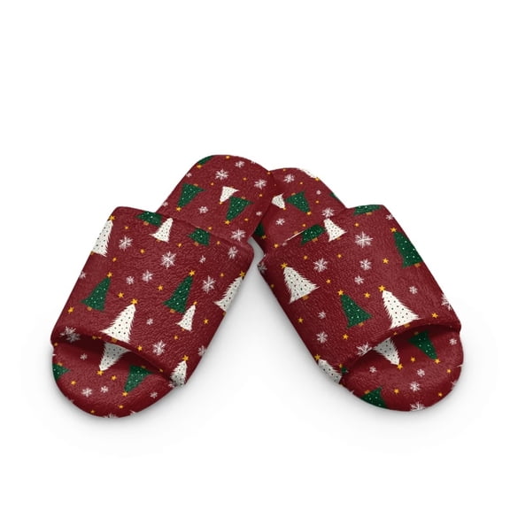 FUIALDOLG Soft Indoor Open Toe Cotton Slippers Non-slip Sole Lightweight Christmas Tree Red Print House Slippers Home Shoes, Size 6-7