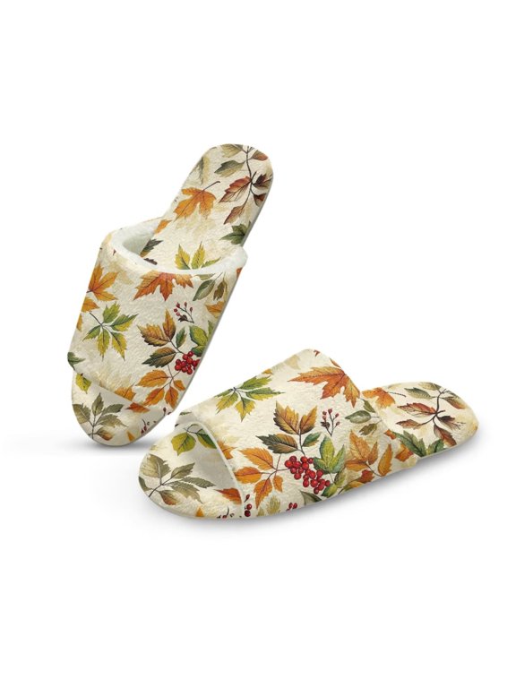 Soft Indoor Open Toe Cotton Slippers Non-slip Sole Lightweight Maple Leaves Fall Print House Slippers Home Shoes, Size 10.5-11.5