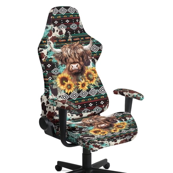 FUIALDOLG Southwestern Tribal Highland Cow Office Chair Cover Sunflowers Gaming Chair Cover with Armrest Furniture Protector Slipcover Zipper Removable Anti Dirty Scratch Proof Chair Seat Cushion