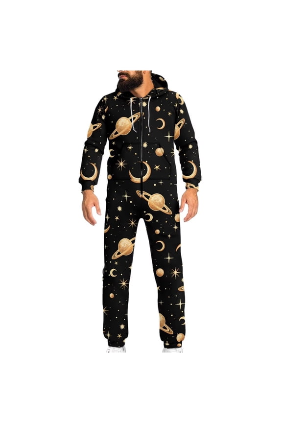 Space Planet Print Halloween Theme Adult Onesie Pajames for Pajamas Party Men and Women Astronomy Zipper Playsuit for Couple Cosplay, Size 3XL