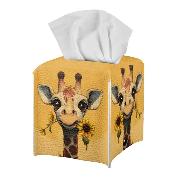 FUIALDOLG Square Tissue Box Cover - Waterproof PU Leather Tissues Cube Boxes Holder Aesthetic Desk Decor for Room, Home & Office - Cute Giraffe