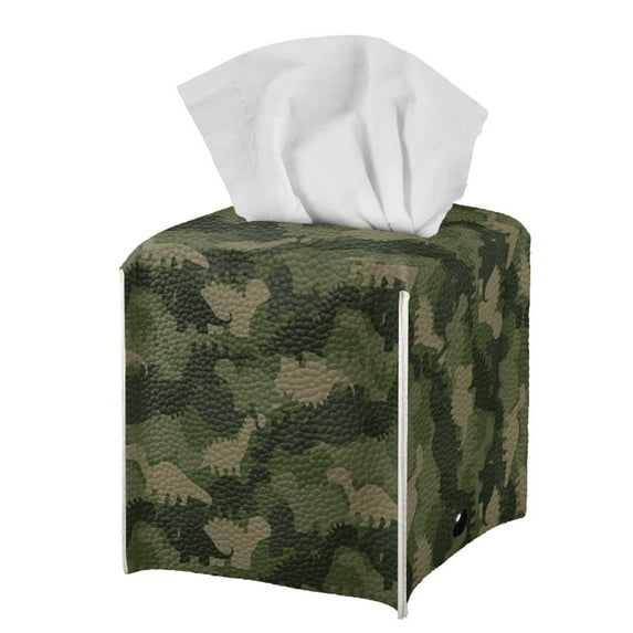 FUIALDOLG Square Tissue Box Cover, Waterproof Pu Leather Car Tissue Holder with Metal Button Green Camo Dinosaur Napkin Holder Organizer for Bathroom, Bedroom, Hotel, Office Desk 5.1"X5.1"X5.5"