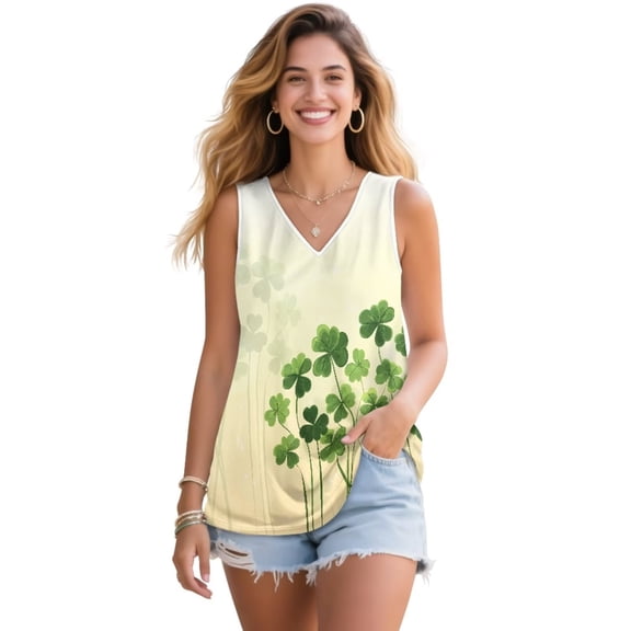 FUIALDOLG St Patrick Day Green Leaf Tank Tops for Women St Patricks Day T-shirt Casual Sleeveless Shirts V Neck Pleated Tunic Tops Ladies Basic Tees Blouse Wedding Party Outfits 2XL