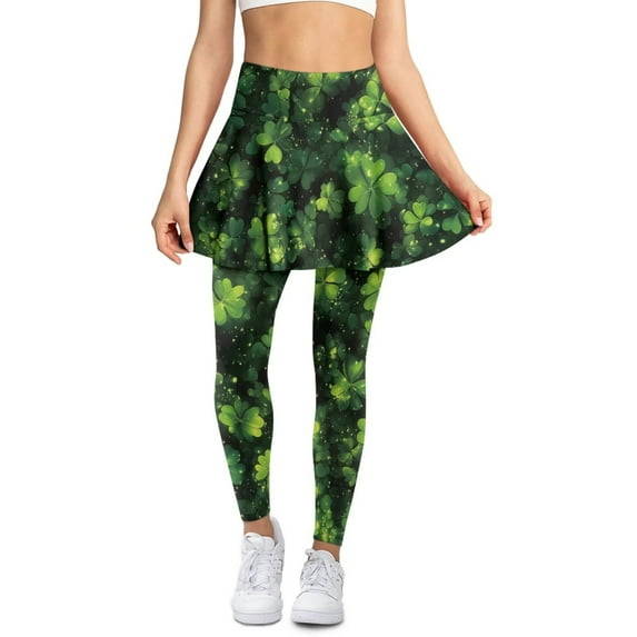 FUIALDOLG St Patrick Day Green Leaf Tennis Skirted Leggings with Pocket Women Athletic Pleated Skirt with Leggings Tight Workout Running Trousers St Patrick Day Costume for Ladies,Size S