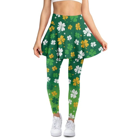 FUIALDOLG St Patrick Day Skirt With Leggings for Women Green Leaf Skirted Leggings Athletic Tennis Golf Pants Stretchy High Waist Yoga Pants with Pocket Holiday Party Costume,Size XS