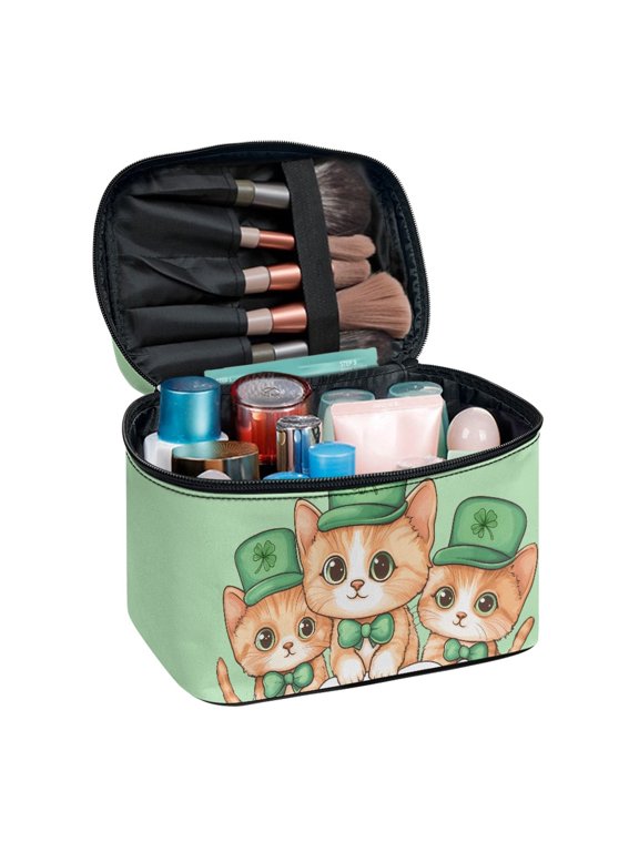 St. Patrick's Makeup Bag Featuring Lucky Clover Cats, Polyester Portable Zipper Toiletry Bag for Travel Vacation Women