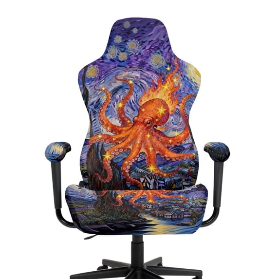 FUIALDOLG Starry Sky Octopus Print Office Chair Covers Stretch Soft Gaming Chair Cover with Armrest Non-slip Stain Resistant Computer High Back Chair Slipcovers Washable