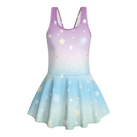 FUIALDOLG Stars Girls' One-Piece Swimwear Sun Protection Kids Athletic Bathing Suit with Skirt Princess Modest Swimsuit Beach Swim Dress for Beach Vacation,8-9Y