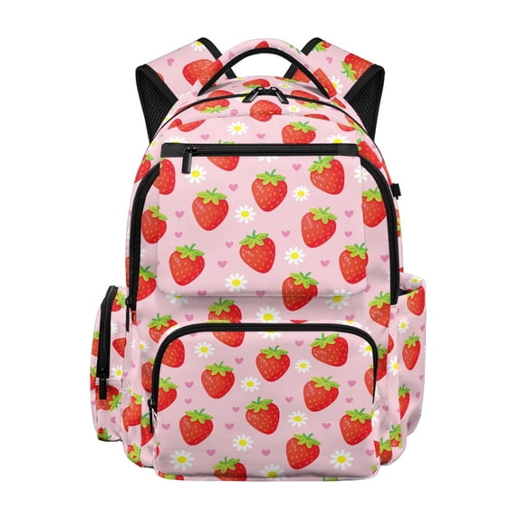 FUIALDOLG Strawberry and Daisy Pattern Book Bag with Multi-Pockets Lightweight Multi-pocket Bookbag, multi-tasche 17 Inch Backpack for Elementary Travel School