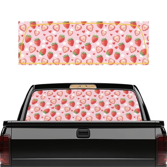 FUIALDOLG Strawberry Heart Truck Rear Window Decal, See through Full Coverage Vinyl Wrap 66.9 x 22.4 Inches for Most Pickup Automobiles