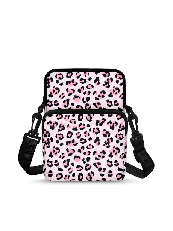 Stretch Polyester Crossbody Bags Lightweight 2 Layer Satchel Sling Bags for Work, Pink Leopard Pattern Crossbody Purse