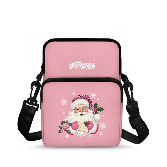FUIALDOLG Stretch Polyester Crossbody Purse with Pockets Portable Crossbody Bags for Travel, Pink Santa Claus Theme Shoulder Purse