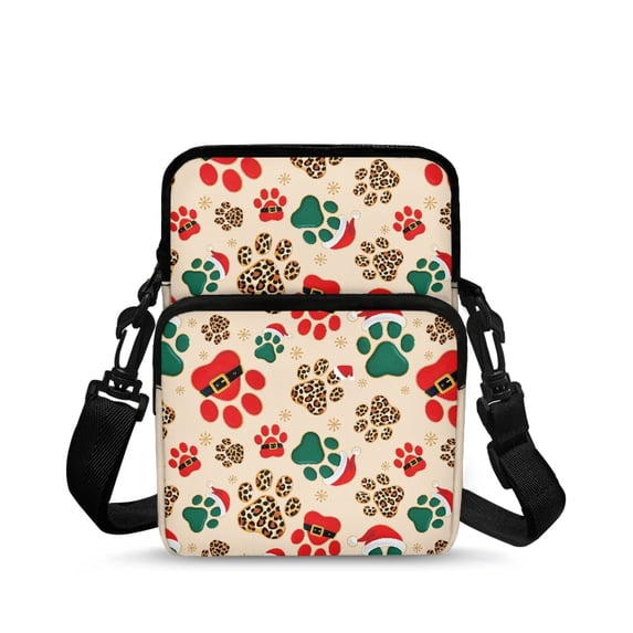 FUIALDOLG Stretch Polyester Crossbody Purse with Zipper Portable Coin Bag for Travel, Christmas Paw Print Pattern Over Shoulder Wallet
