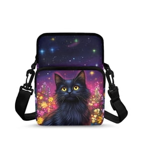 FUIALDOLG Stretch Polyester satchel pouch Lightweight Zipper Crossbody Purse for Travel, Black Cat Floral Design Crossbody Bag