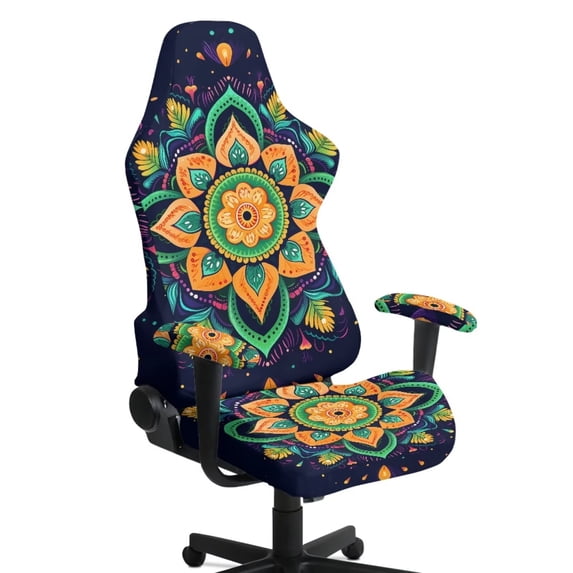 FUIALDOLG Stretchable Computer Desk Chair Seat Covers Green Mandala Floral Chair Cover with Armrest 4 Piece Stain Resistant Soft Fabric Chair Protective Slipcovers for Backrest and Seats for Office