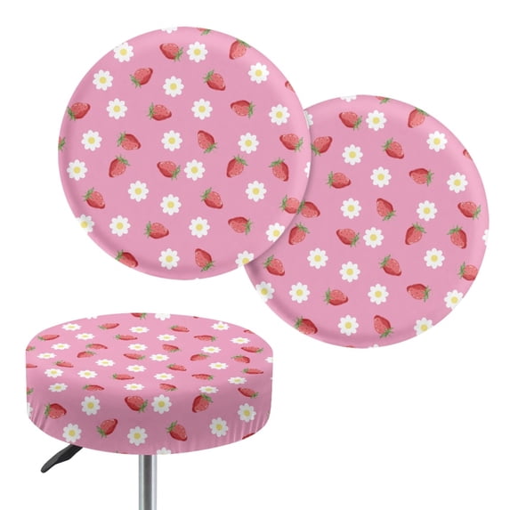 FUIALDOLG Stretchy Round Bar Stool Seat Covers with Strawberry Daisy Pattern, 2 Pack Polyester Protector Cushion for Kitchen and Cafes