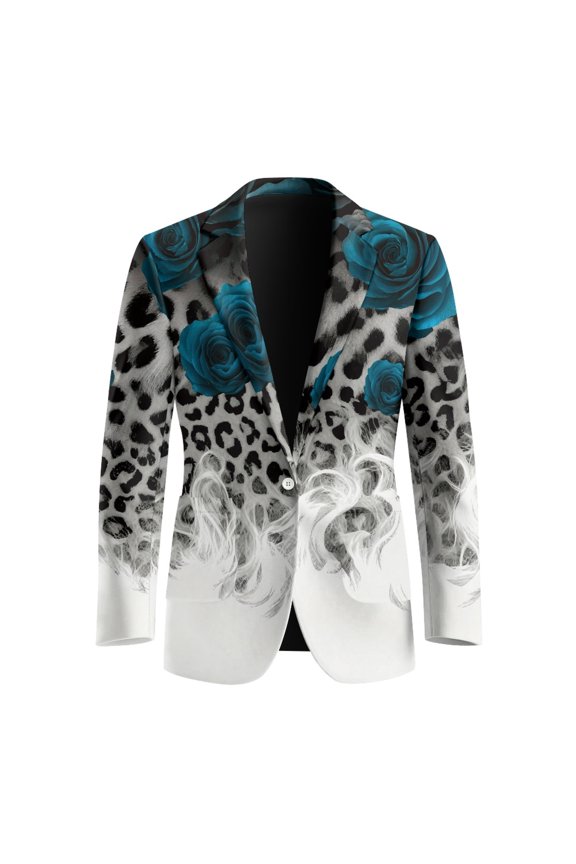 Stylish Sport Coat, Leopard Print with Blue Roses Polyester With Pockets Office Blazer for Formal Casual