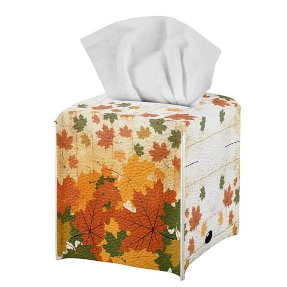 FUIALDOLG Stylish Tissue Box Cover Square with Maple Leaves Fall - PU Leather Tissue Boxes Holder Waterproof Decorative Cube Cover for Bathroom and Home, 5.1"X5.1"X5.5"