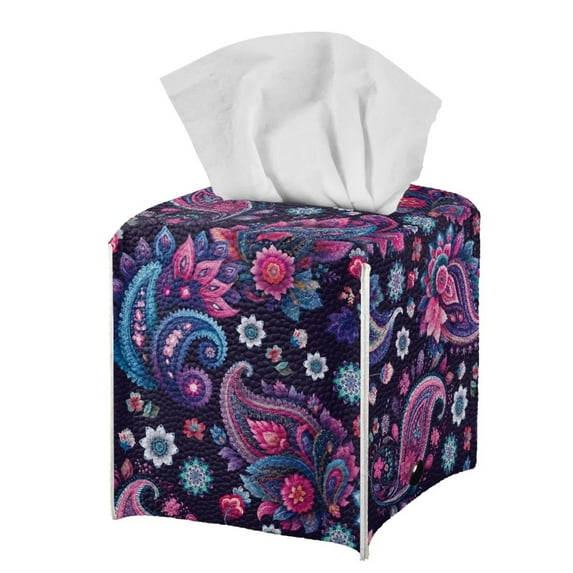 FUIALDOLG Stylish Tissue Box Cover Waterproof, Purple Paisley Floral Square PU Leather Tissue Box Holder, Modern Facial Paper Organizer Dispenser for Bathroom, Car, 5.1''X5.1''X5.5''
