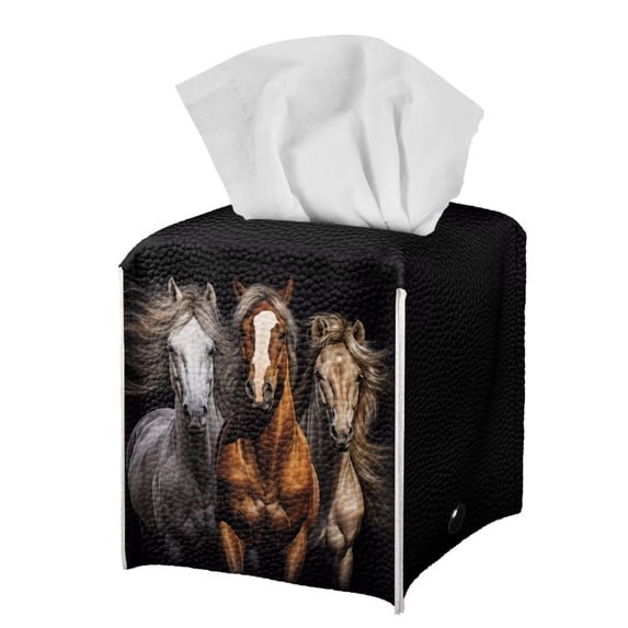 FUIALDOLG Stylish Tissue Box Holder 3D Horses Square Tissue Cube Cover PU Leather Facial Organizer for Bathroom, Tabletop, Car, Night Stands, Office, Home, Kitchen, 5.1''X5.1''X5.5''