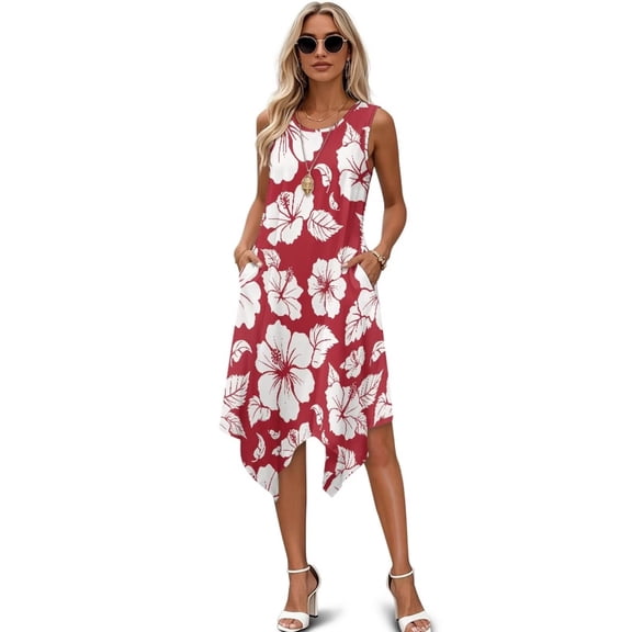 FUIALDOLG Summer Beach Dress for Women Red Tropical Hibiscus Floral Dress Womens Sleeveless Summer Dresses with Pocket Ruffle Asymmetric Dresses for Beach Vacation,Wedding Party,L