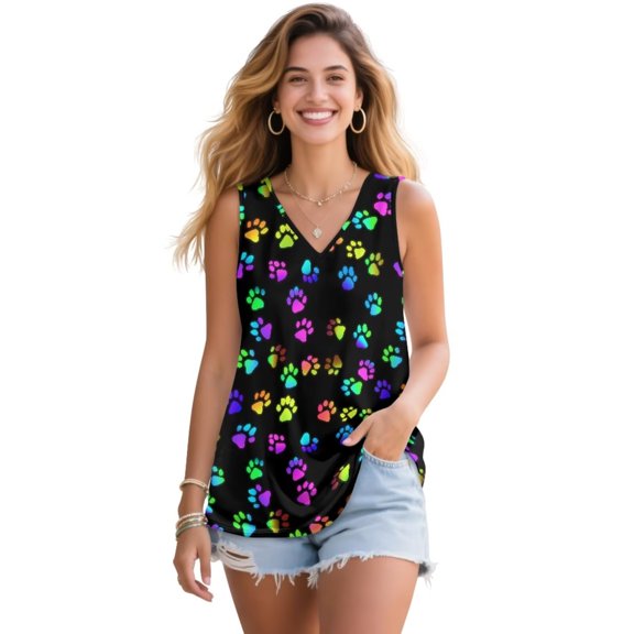 FUIALDOLG Summer Clothes Colorful Dog Paw Tank Tops for Women Loose Fit Casual Flowy Tank Tops V Neck Vest Lady Soft Comfort Yoga Golf T-shirt Summer Outfits Streetwear Plus Size,S