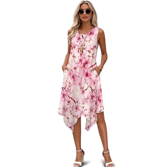 FUIALDOLG Summer Dress for Women Cherry Blossom Flroal Sundress Womens Loose Tank Dress with Pocket ,Flowers Beach Cover Up Long Skirt,5XL