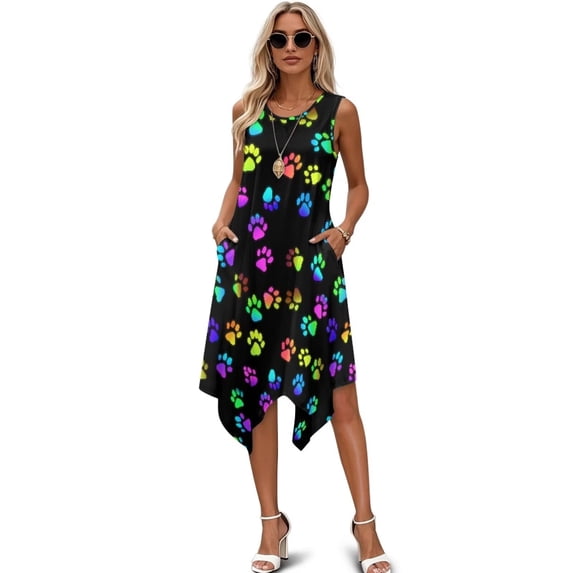 FUIALDOLG Summer Dresses Colorful Dog Paw Dress for Women Sleeveless Ruffle A-line Flowy Midi Dress with Pocket Business Casual Work Tshirt Dress,S