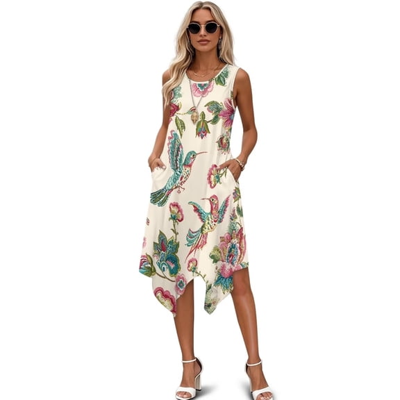 FUIALDOLG Summer Dresses Floral Birds Dress for Women Lady Loose Flowy Midi Dresses Comfortable Elastic Casual Tiered Sundresses with Pockets,2XL