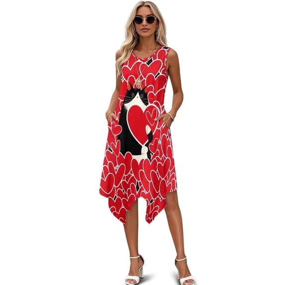 FUIALDOLG Summer Sleeveless Dress for Women Red Love Hearts Black Cat Dresses Trendy Casual Pleated Sundress with Pocket,for Teacher,Dating,Girlfriend,L