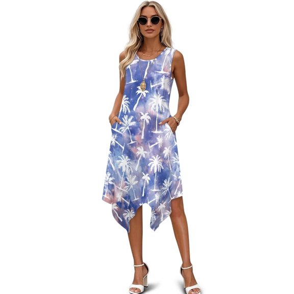 FUIALDOLG Summer Tropical Dresses for Women Lady Galaxy Coconut Tree Dress Womens Sleeveless Sundress A Line Flowy Pleated Midi Dress Beach Vacation Outfits,4XL