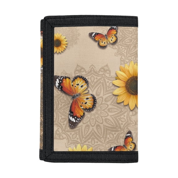 FUIALDOLG Sunflower Butterfly Theme Children's Wallet, Polyester Coin Pockets for Travel, Magic Stiker Lightweight Kids Trifold Wallet