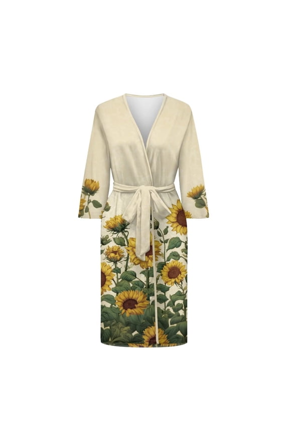 Sunflower Print Womens Robes Lightweight Long Sleeve Nightgowns V Neck Bathrobe Loose Fit Nightwear for Winter Home Life