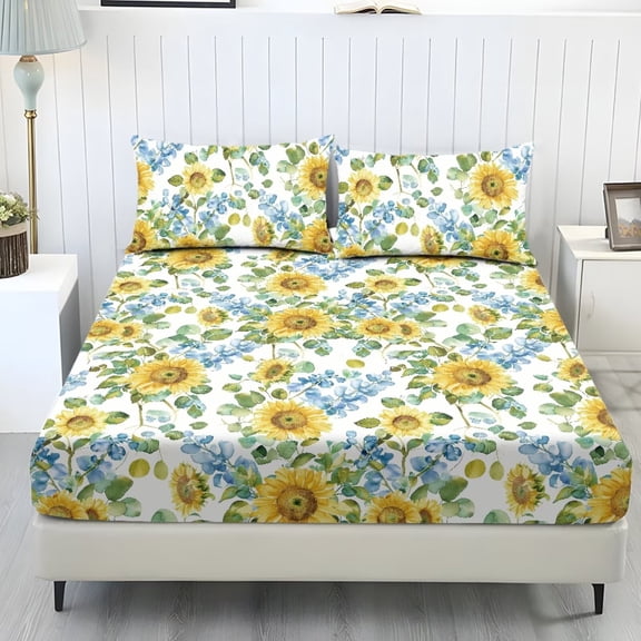 FUIALDOLG Sunflower Sheet Set Twin Size with 2 Pillowcases Stretch Fade Resistant Bedding Fitted Sheets Soft Bed Sheets with Standard Pocket 9.8 Inch Easy to Install
