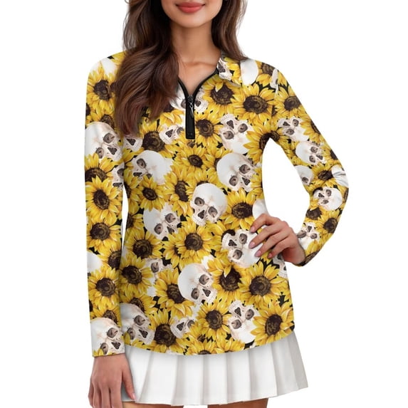 FUIALDOLG Sunflower Skull Halloween Funny Print Women's Long Sleeve Shirt Moisture Wicking Quick Dry Golf Tennis Sports Shirts Tops Slim Fit Straight Blouses for Holiday,L