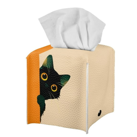 FUIALDOLG Suqare Tissue Box Holder, 5.1"X5.1"X5.5" Waterproof Tissue Box Cover PU Leather Facial Organizer for Dresser Bathroom Home Decor (Black Cat)
