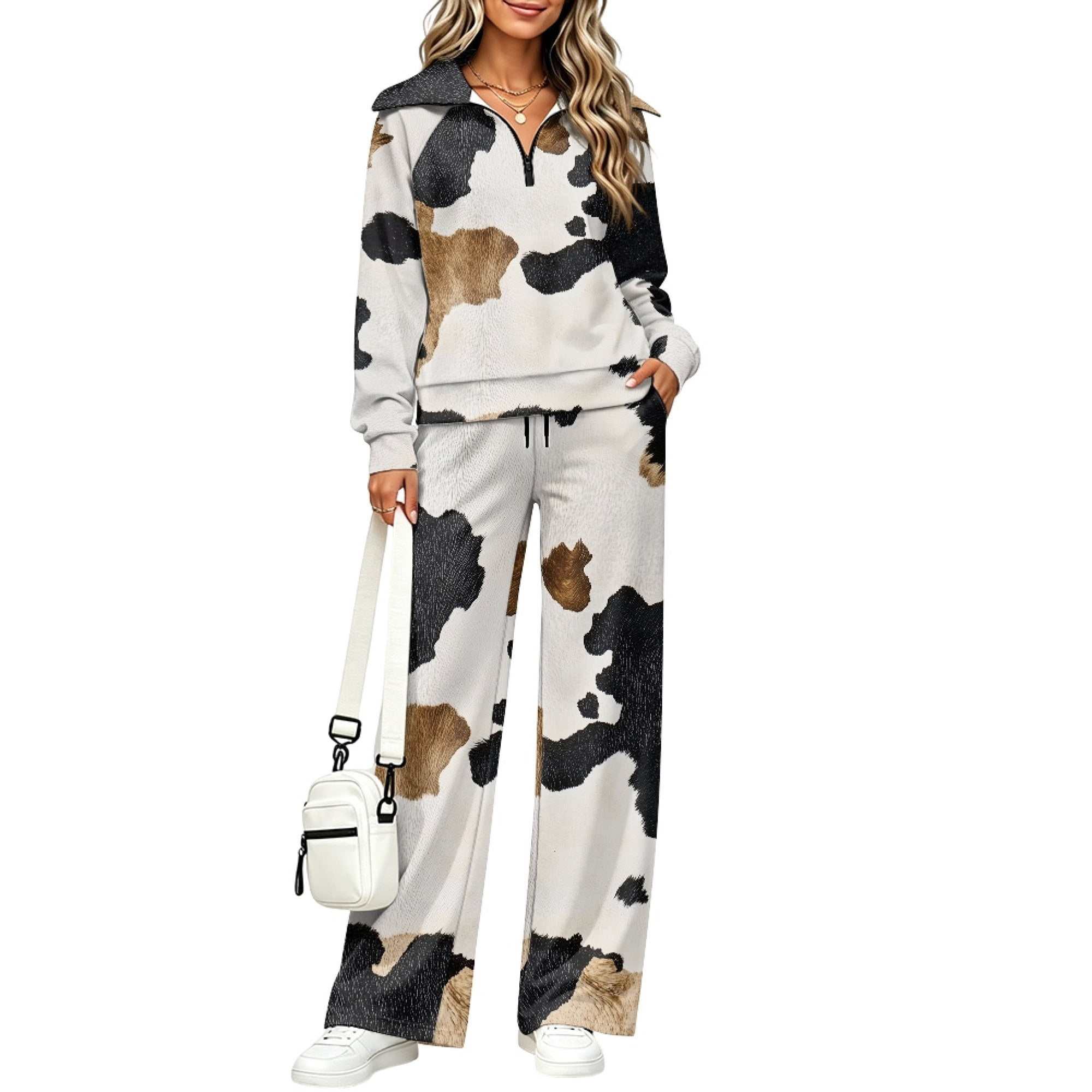 FUIALDOLG Sweatsuits Cow Print Pattern Lounge Sets Half Zip Athleisure ...