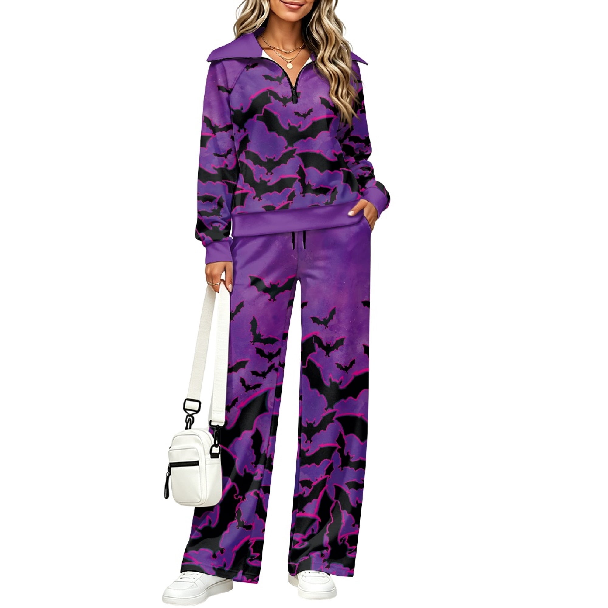 FUIALDOLG Sweatsuits Purple Black Bat Pattern Lounge Sets Matching Wide ...