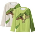 thumbnail image 1 of FUIALDOLG T-Rex Dinosaur Boy Long Sleeve Shirts 2 Pack Green Beige Round Neck Tops Casual Lightweight T-Shirts Trendy Pullover Tees for Kids 9-10 Years, 1 of 6