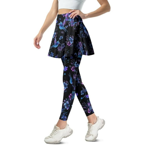 FUIALDOLG Tennis Skirt with Leggings for Women Lady Blue Flower Hummingbirds Leggings with Skirts High Waist Pleated Athletic Skirt Ladies Golf Tight Running Skirted Leggings,Tennis Clothing,Size XS