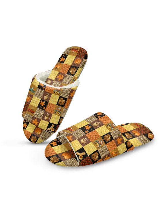 Thanksgiving Pattern Print Open Toe House Slippers for Women Men Soft Cotton Indoor Shoes Memory Foam Slip On Bedroom Slippers, Size 6-7
