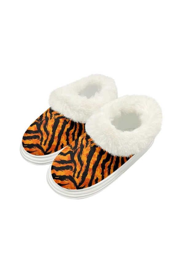 Tiger Print Warm House Slippers for Women Comfy Fleece Lined Fuzzy Slippers with Thick Sole for Indoor Outdoor, Size 7-8