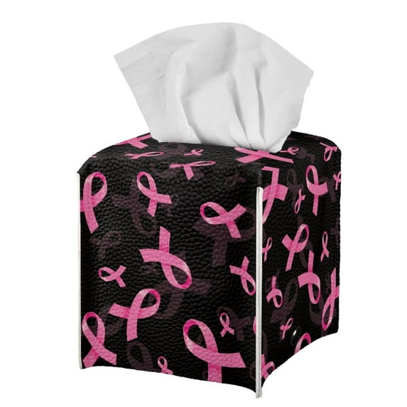 FUIALDOLG Tissue Box Cover, Breast Cancer Ribbon Square Decorative Car Tissue Holder PU Leather Facial Paper Case Organizer Dispenser for Bathroom, Vanity Countertop, Night Stands, Desk