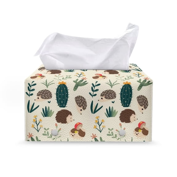 FUIALDOLG Tissue Box Cover PU Leather Car Tissue Holder Rectangular Waterproof Facial Paper Organizer Dispenser for Bathroom, Vanity Countertop, Tabletop, Cute Hedgehog Cactus