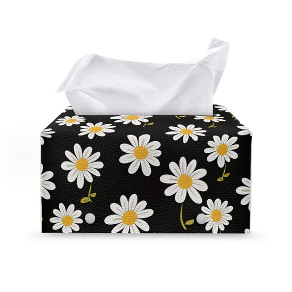 FUIALDOLG Tissue Box Cover PU Leather, White Daisy Waterproof Rectangular Car Tissue Holder Storage for Bathroom Vanity, Countertops, Dressers, Night Stand, Parlors and Offices